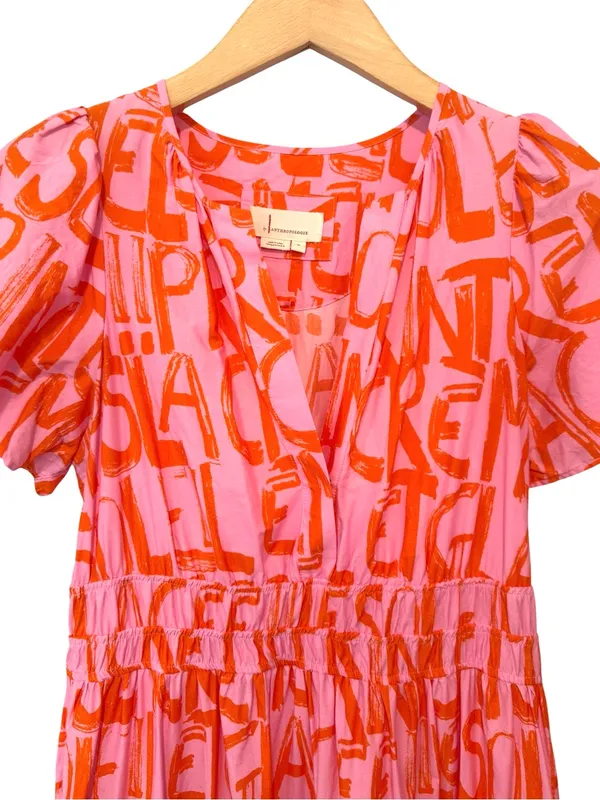 Anthropologie The Somerset French Writing Maxi Dress Pink Orange Size Medium - Image 3
