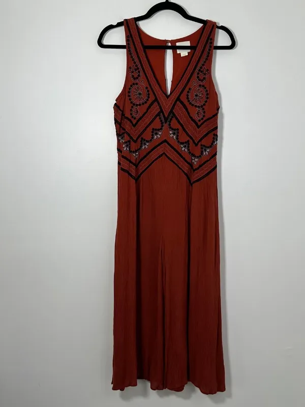 Anthropologie Maeve Womens Sz 0 Orange Embroidered Desert Wide Leg Jumpsuit - Image 2