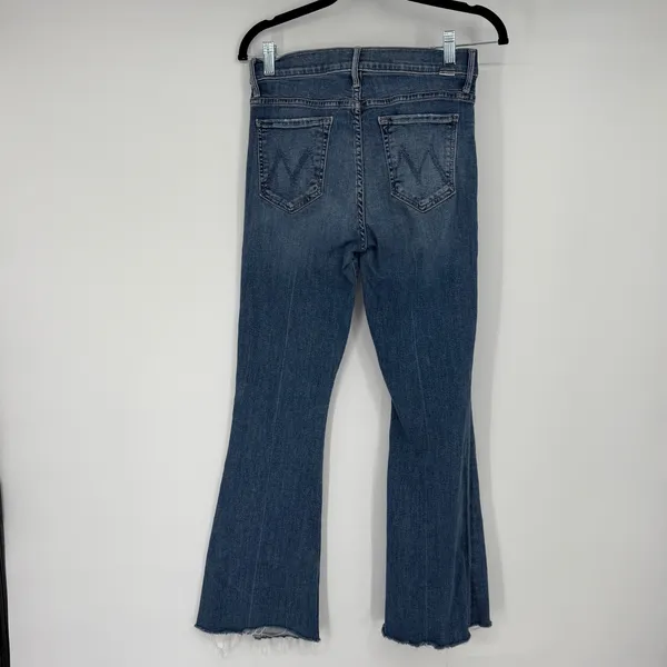 MOTHER The Weekender Fray Jeans Dancing On Coals Blue Flare Raw Hem‎ 27 - Image 2