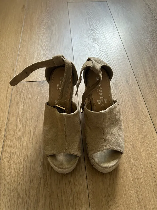 Neutral Suede Espadrille Wedge Sandals with Ankle Strap Tan Size 6.5 - Image 4