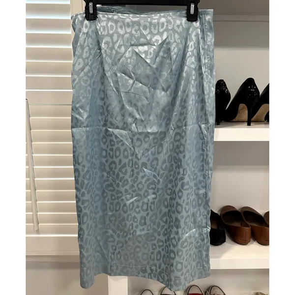 Something New Women's Mia Leopard Print Satin Blue Skirt Side Slit M NWOT - Image 5