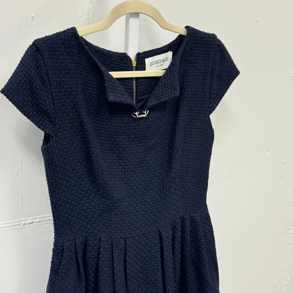 Elizabeth‎ McKay Navy Blue Wool Horsebit Split Neck Fit Flare Dress Size 6 - Image 3