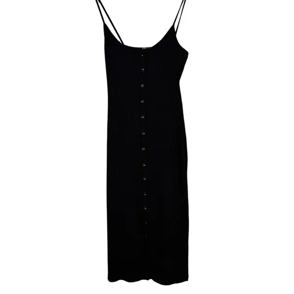 ZARA Ribbed Button Bodycon Midi Dress Strappy Stretch Slim Round Neck M Black - Image 13