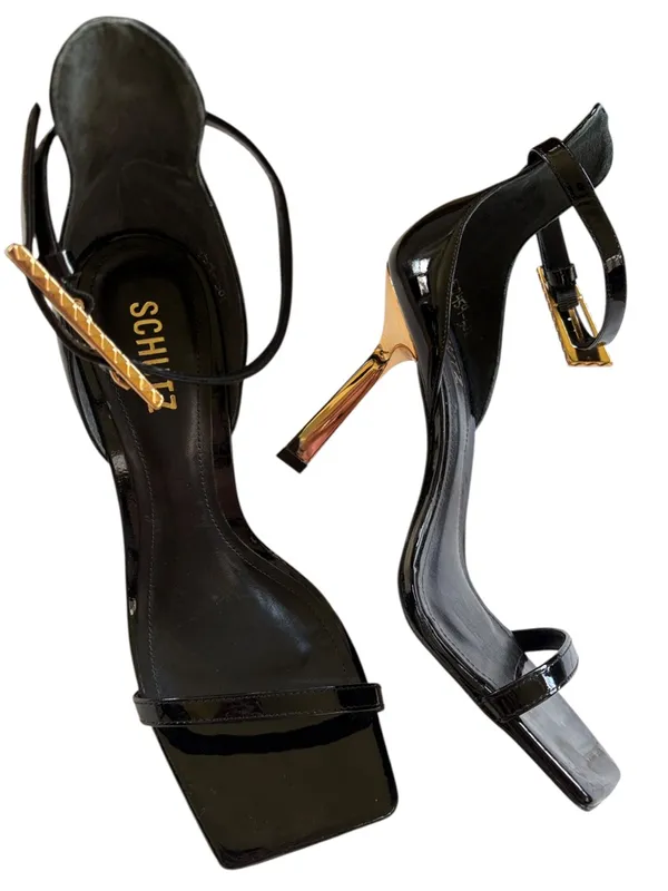 NWOT SCHUTZ Leather Ciara Gold Heel Stiletto Sandals Black Size 8.5 - Image 2