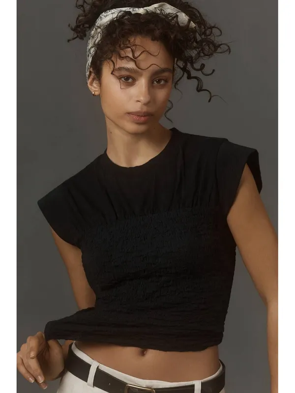 Anthro Maeve Smocked Cap Sleeve Stretch Top Black Women’s Large - Image 3