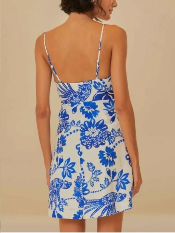 NWT FARM Rio Linen Faux Wrap Floral Birds Dress White Blue Size XS Retail $185 - Image 3