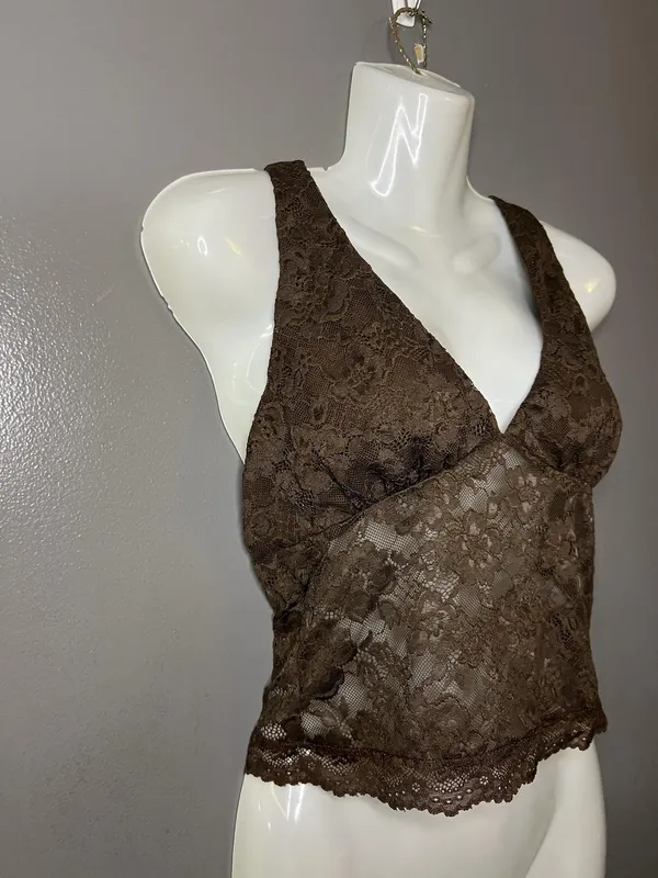 SweatyRocks Bralette Bra Womens Medium Brown Lace Sheer Wireless Lined Crop Top - Image 2
