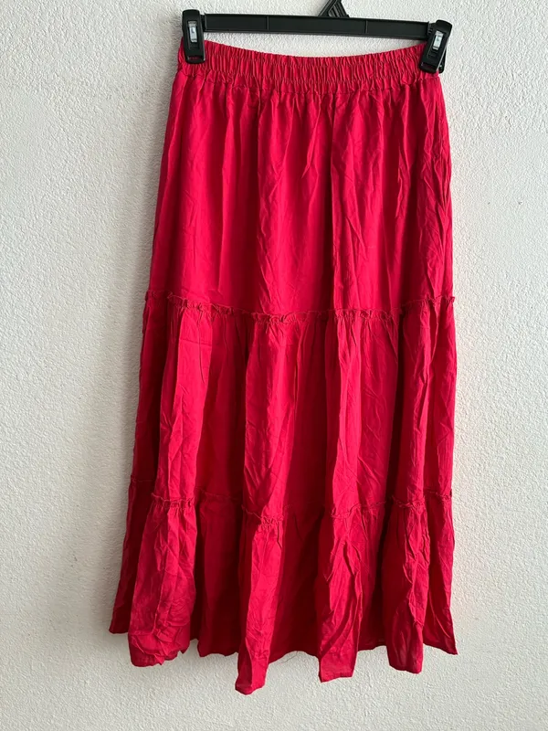 Tiered Pockets Solid Red Color High Waist Flowy Boho Mid Skirt M - Image 8