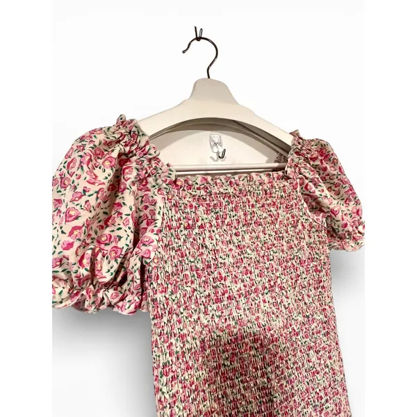 Smocked Pink & White Floral Puff Sleeve Prairie Cottagecore Maxi Dress S - Image 3