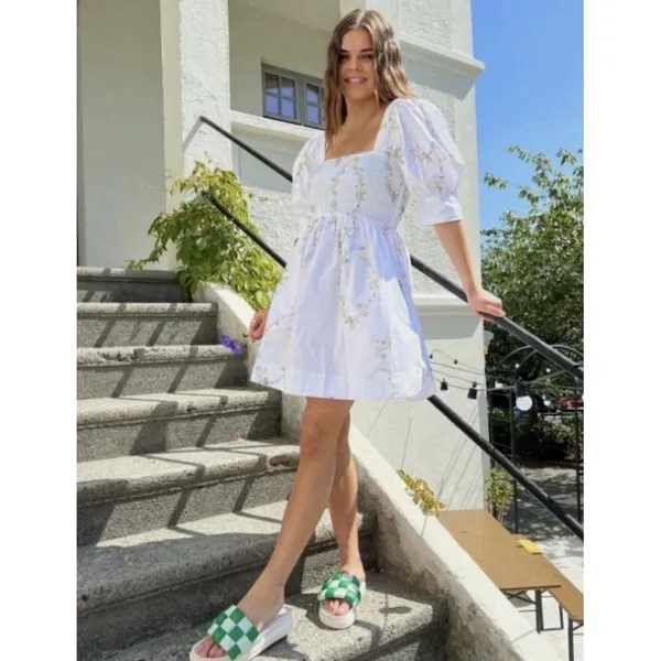 GANNI Floral Printed Poplin Cotton Mini-Dress 2 NWT Sun Puff Sleeve Cottagecore - Image 9