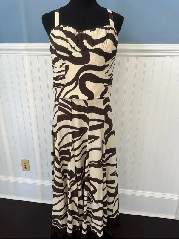NWT Antonio Melani MG Style Fringe Linen Blend Maxi Raffia Skirt Set Brown~SZ 10 - Image 5