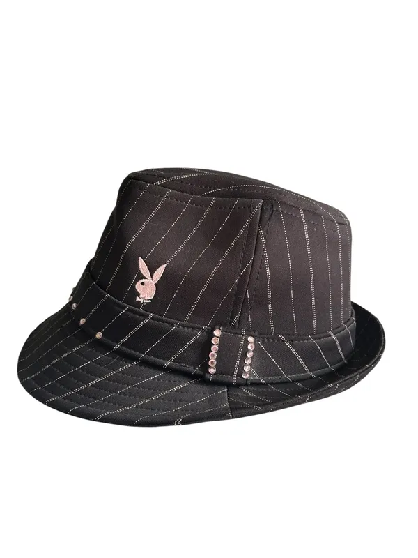 Y2K Playboy Fedora Pink Rhinestone Pinstriped Size L/XL Bling 2000s Grunge Bimbo - Image 6