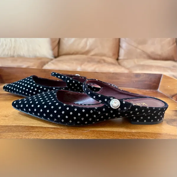 KATE SPADE Meg Black Velvet Rhinestone Button Polka Dot Pointed Mule Shoes - Image 4