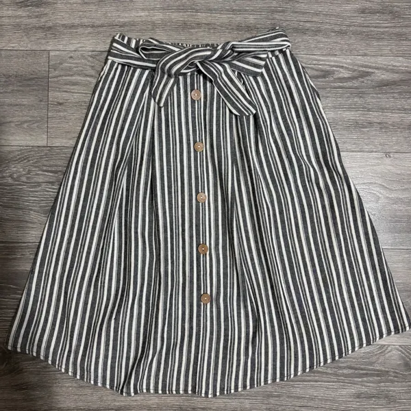 See You Monday Linen Blend Striped Midi Skirt‎ Size L Black White Nautical Cottagecore Modest - Image 4