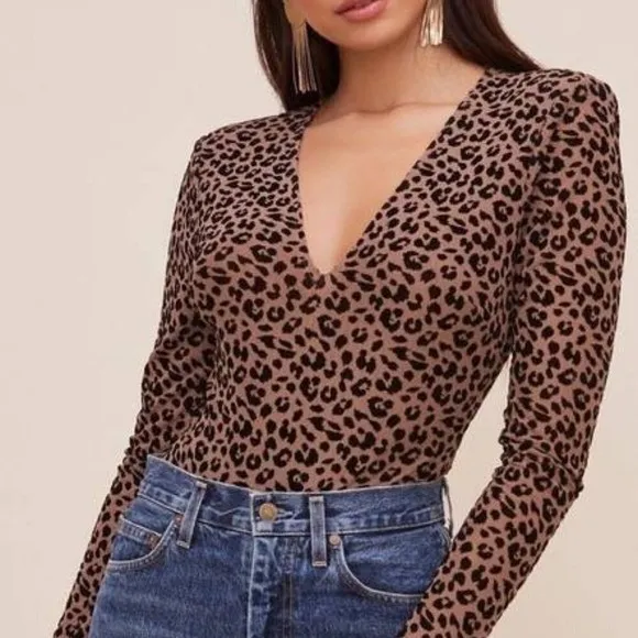 ASTR Lulus plunge Deep V leopard animal print bodysuit Sheer Textured Women's‎ M - Image 2