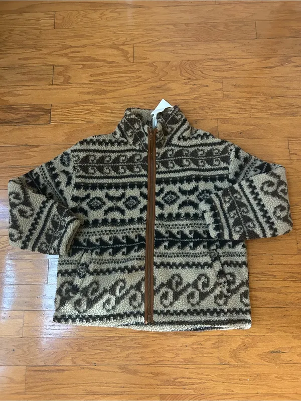 Cozy Patterned Sherpa Jacket in Brown & Cream Size M - Image 4