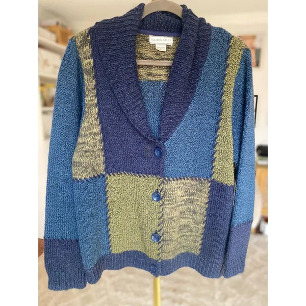 Vintage Patchwork Knit Cardigan Allison Daley Shawl Collar Quiet Luxury Boho L - Image 3