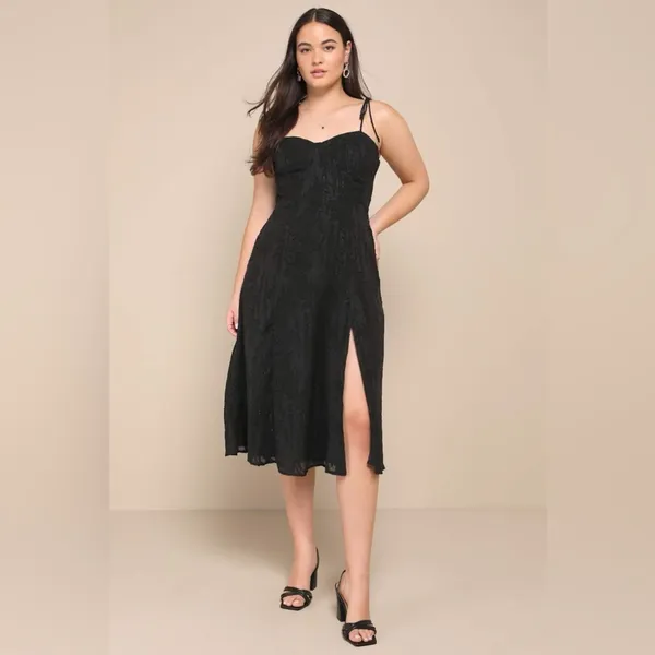 LULU’S Loveliest Looks Black Floral Jacquard Tie-Strap Midi Dress - Image 6