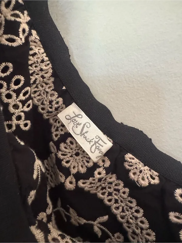 LoveShackFancy Black & Cream One-Shoulder Ruffle Embroidered Crop Top - Image 2