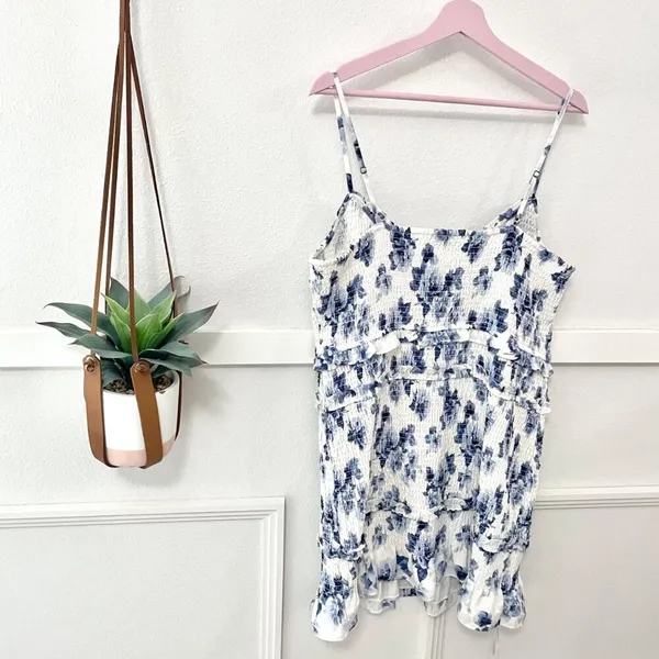 NWT Abercrombie & Fitch Smoked Floral Mini Dress XXLT Ivory Blue Coastal Romance - Image 7