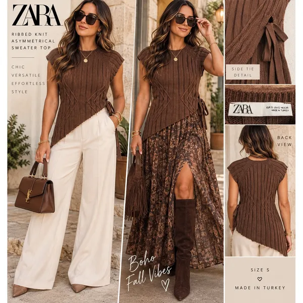 Zara Womens Brown Ribbed Asymmetrical Side Tie Short Sleeve Knit Top Small - Image 2