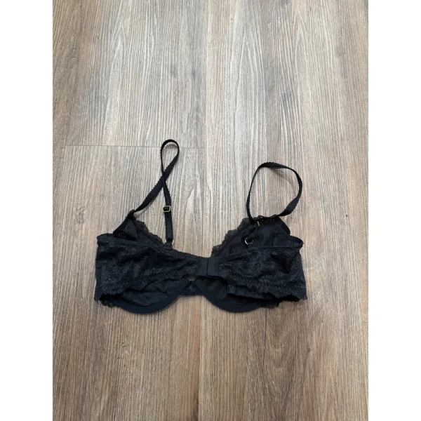 Victorias Secret Black Floral Lace Unlined Demi Bra 34C Gold V Hardware 11167972 - Image 3