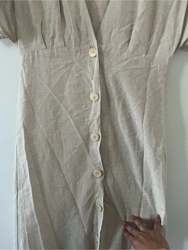 Mango Beige Linen Blend Midi Shirt Dress 4 Button Front Coastal Euro Summer - Image 4