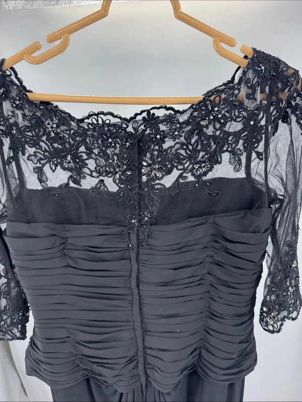 Mon Cheri Black Lace Sleeve Ruched Evening Gown sequin beaded 16 wedding mother - Image 3