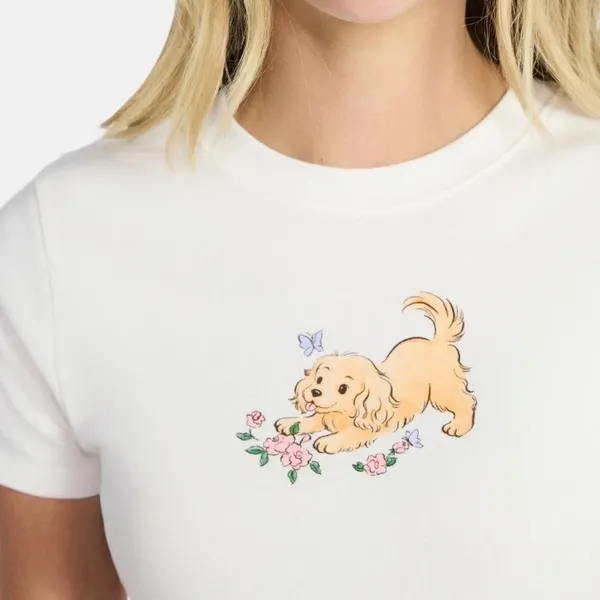 No Boundaries Womens Puppy‎ Graphic Baby Tee Cream White Ribbed Crop Top Size M - Image 7