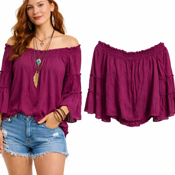 Free People Magenta Off The Shoulder Tiered Bell Sleeve‎ Boho Peasant Top Small - Image 2