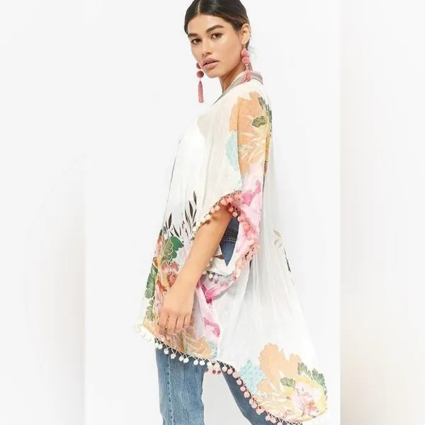 Z&L Europe Floral Textured Pom-Pom Open Front Pattern Airy Caftan Cover Up Sz L - Image 2