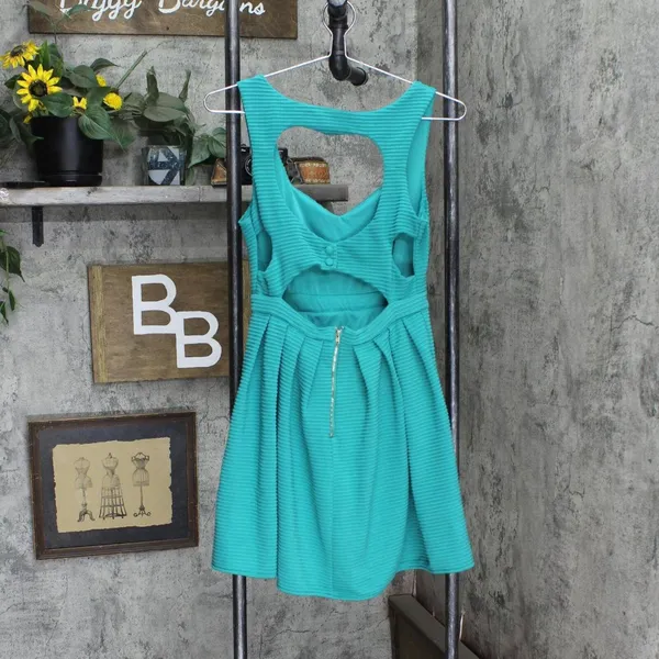 L'atiste by Amy Womens Knit Textured Open Back Babydoll Dress Teal Blue M - Image 2