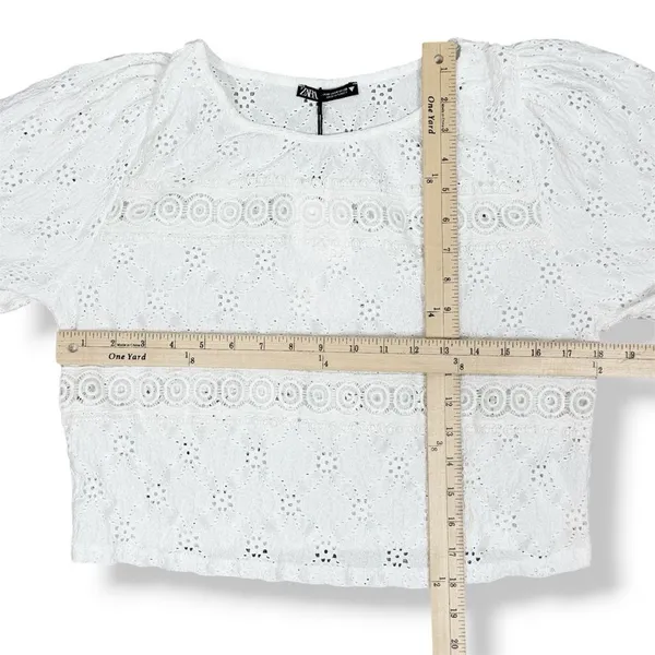 Zara Eyelet Balloon Sleeve Crop Top Shirt White Medium Cottagecore‎ Boho Country - Image 12