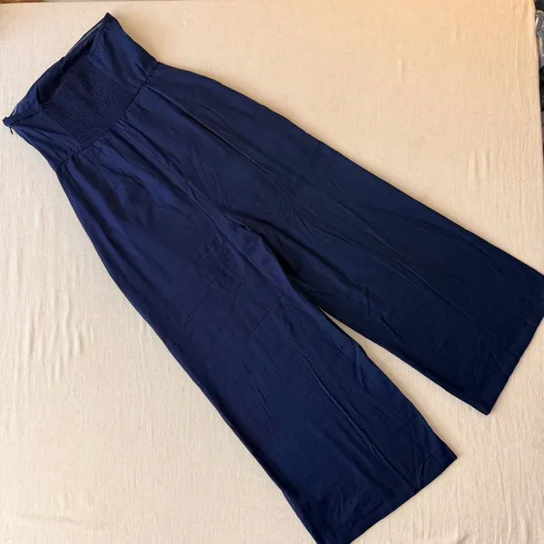 Bombay Paisley Strapless‎ Embroidered Linen Blend Jumpsuit Navy Blue XS Boho - Image 10