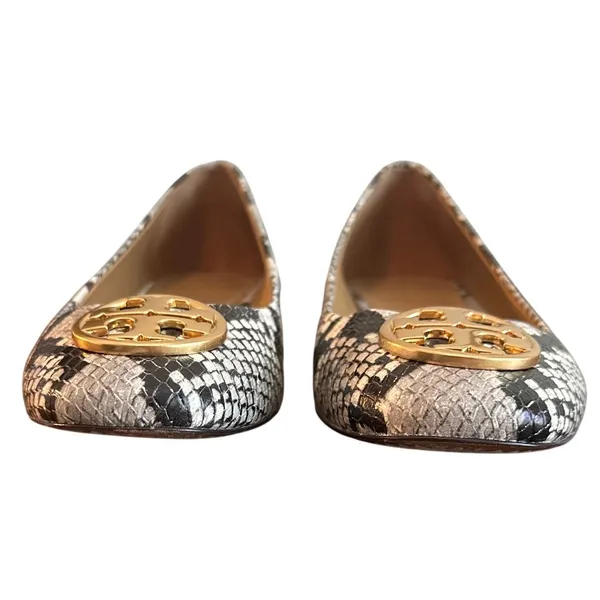 Tory Burch Chelsea Snake Embossed Ballet Flats Gold Logo Block Heel Size 7.5 - Image 3