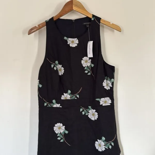Banana Republic Black Floral Sleeveless Linen Fit Flare‎ Ruffle Hem Dress Size 8 - Image 3