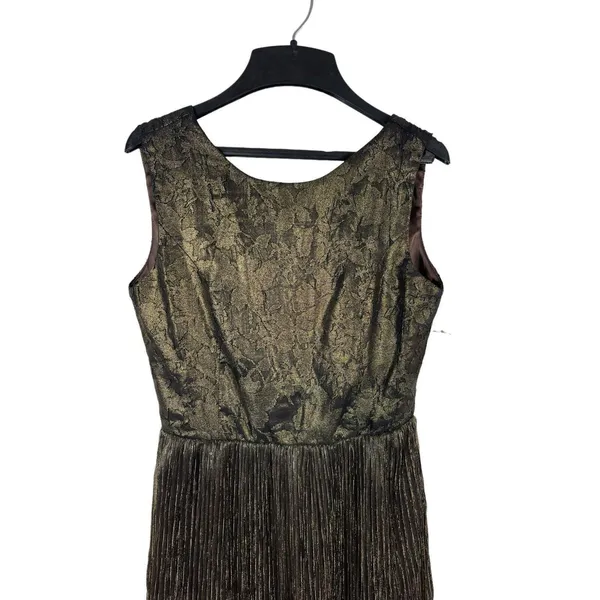 MM Couture By Miss Me Brown Gold Shimmer Lace Plunging Back A-line Dress S NWT - Image 3