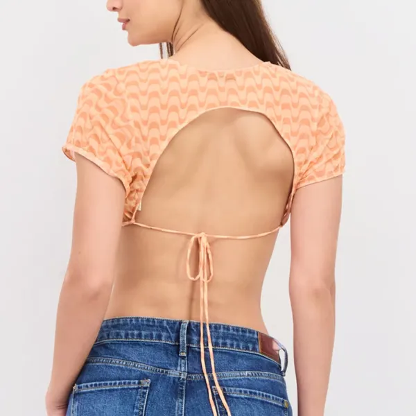 Dippin’ Daisy’s Boat Neck Short Sleeve Allover Open Back Mesh Crop Top Medium - Image 6