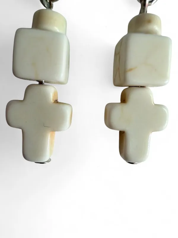 ⁠Handmade Cream Cross & Geometric Cube Bead Drop Earrings - Image 2
