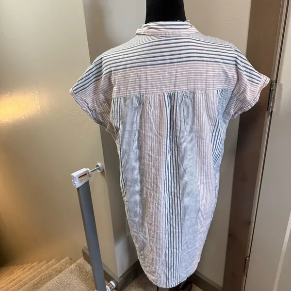 Madewell Button Down Longline Tunic Cap Sleeve Blouse Stripe Blue White‎ Red Top - Image 4