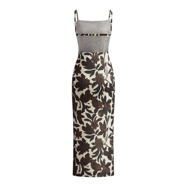 COMMENSE Backless Print Split Zipper Dress COLOR - Brown, Size Small NWT - Image 3