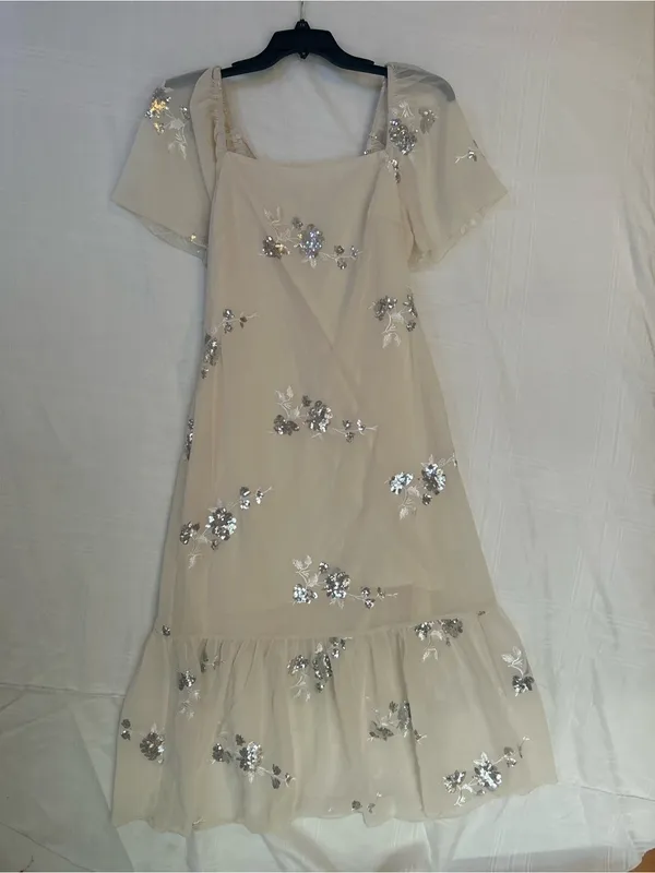 Cream Midi Dress with Silver Sequin Floral Embellishments, Ruffled Hem, Medium. - Image 2