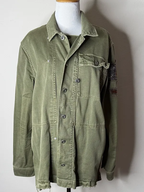 Free People Green Military Embroidered Beaded Shirt Jacket - Image 2