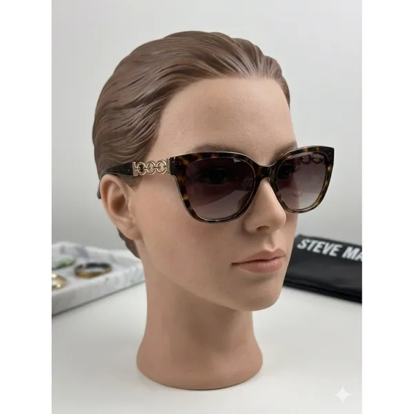 NWT Steve Madden Oversized Square Sunglasses Brown‎ Tortoise Gold Chain Bling - Image 2