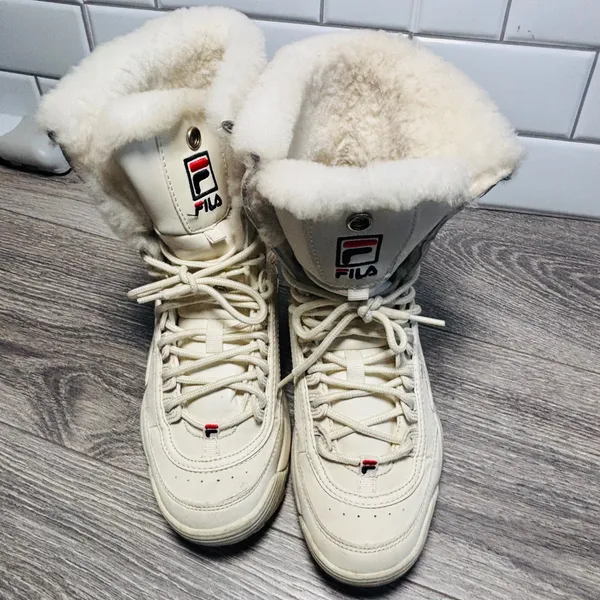 Fila Disruptor Lug Boot Winter White Faux Fur Trim‎ Lace Up Ankle Boots Size 7 - Image 10