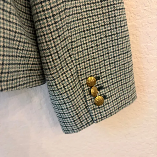 J Crew Schoolboy Blazer Womens 24 Wool Blend Green Plaid Houndstooth Preppy Gold - Image 7