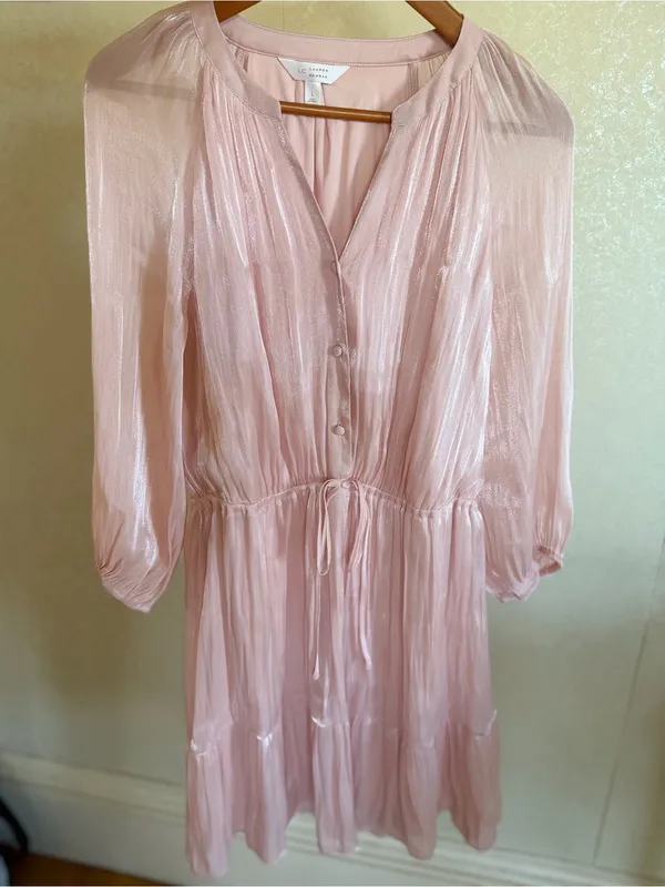 LC Lauren Conrad Light Pink Shimmer Tiered Long-Sleeve Dress large - Image 6