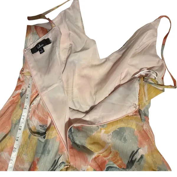Lulus Peach Yellow Abstract Brushstroke Gold Pinstripe Mini Dress Small‎ - Image 10