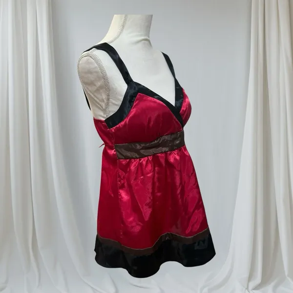 A. Byer Womens Vintage Y2K Pink Black Satin Tie Back Vneck Cami Blouse Large - Image 4