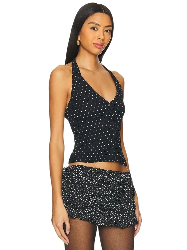 LIONESS Brat Halter Top in Onyx Polka XSmall New Womens Sleeveless Tank - Image 3